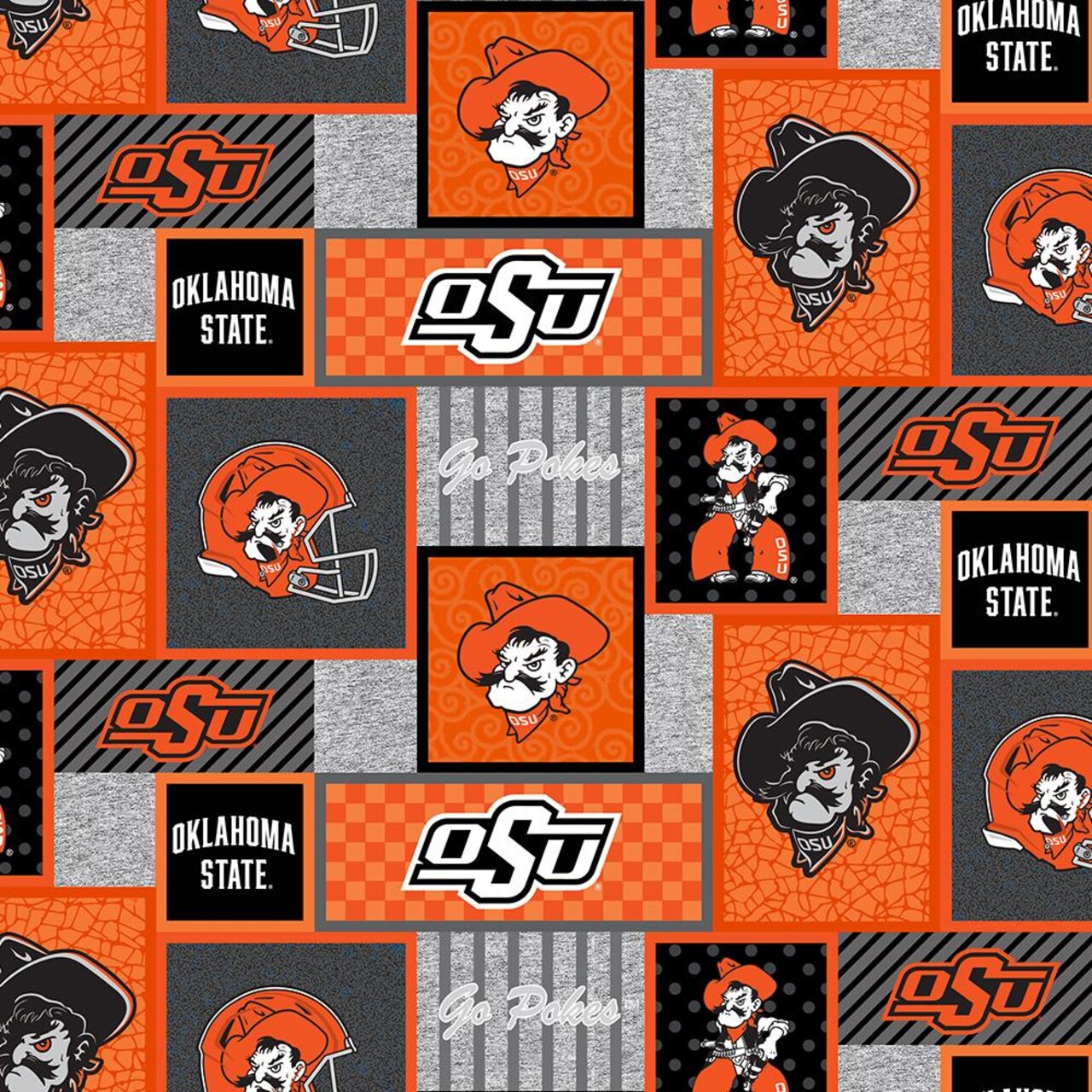 Sykel Enterprises-Oklahoma State University Fleece Fabric-Oklahoma State OSU Cowboys College Patch Fleece Blanket Fabric-Sold by the yard
